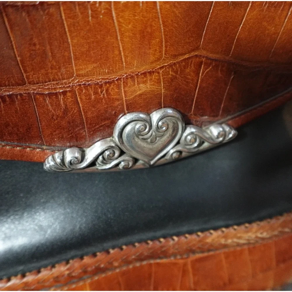 Brighton Vintage Crossbody Bag Black Brown Croc Embossed‎ Leather Heart Hardware